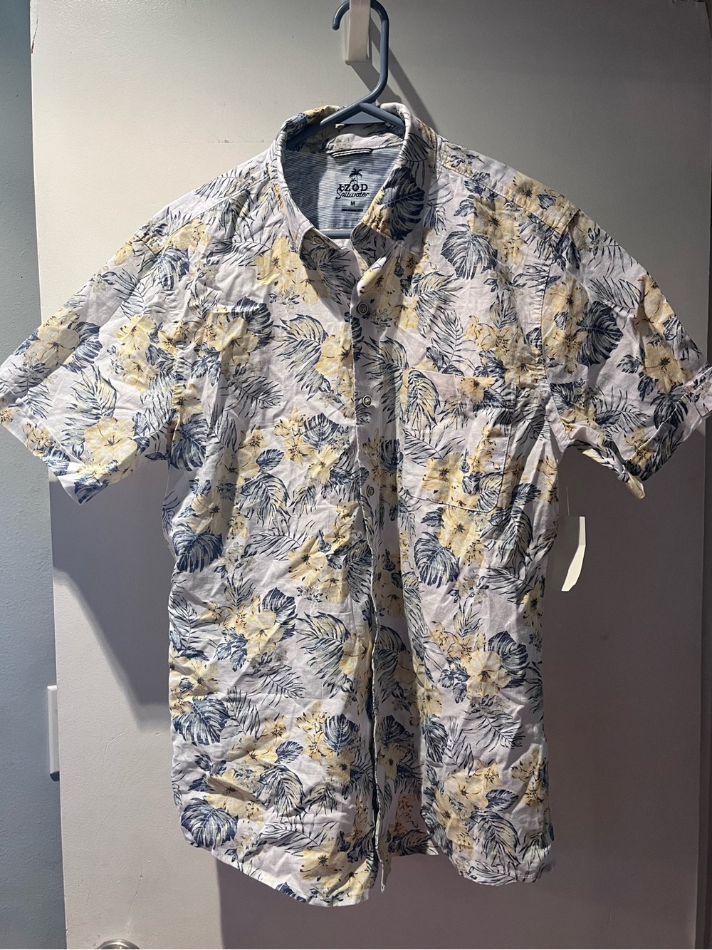 Izod Men’s Short Sleeve Cotton Floral Button-Down Shirt - White, Yellow & Blue